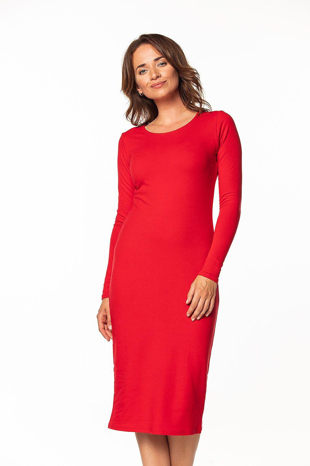 Tessita red long-sleeve daydress, fitted midi length with round neckline