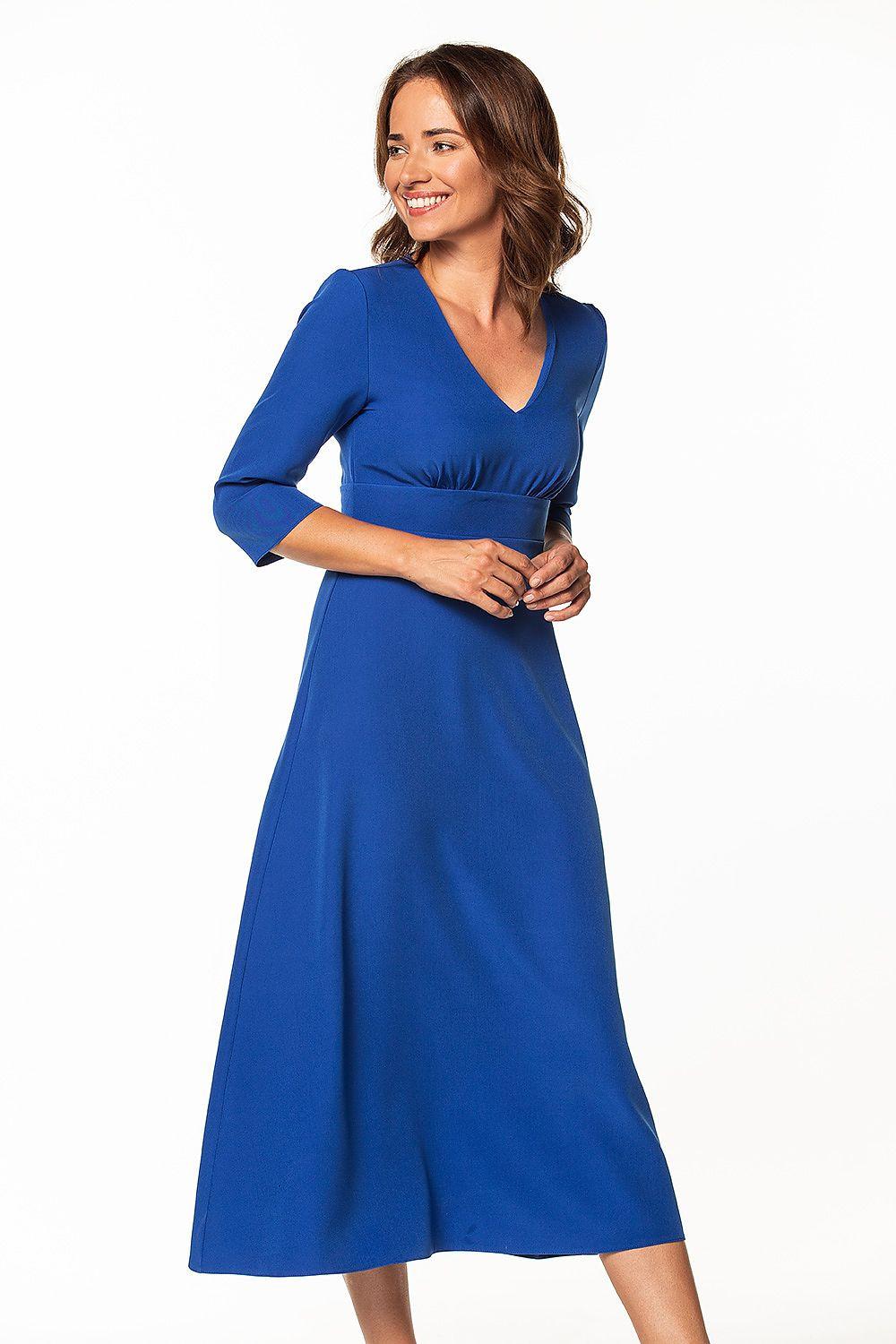 Blue V-neck midi daydress with 3/4 sleeves and wrap-style bodice