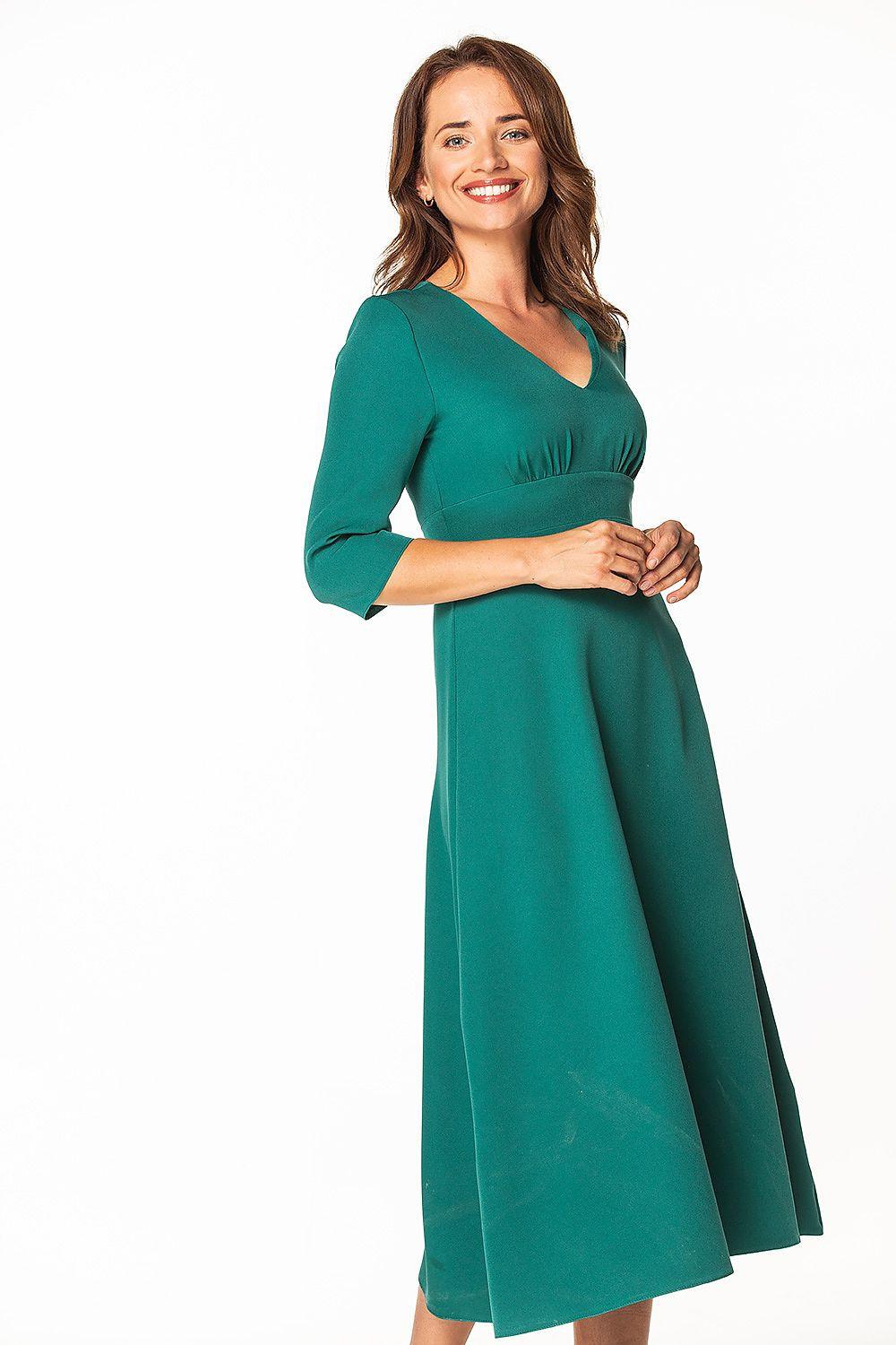 Green V-neck day dress with long sleeves and fitted waist, A-line skirt