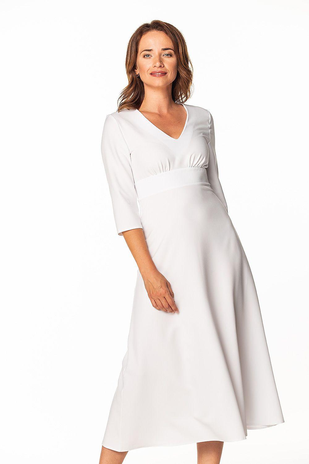 White V-neck daydress with 3/4 sleeves and gathered waist, flared midi skirt