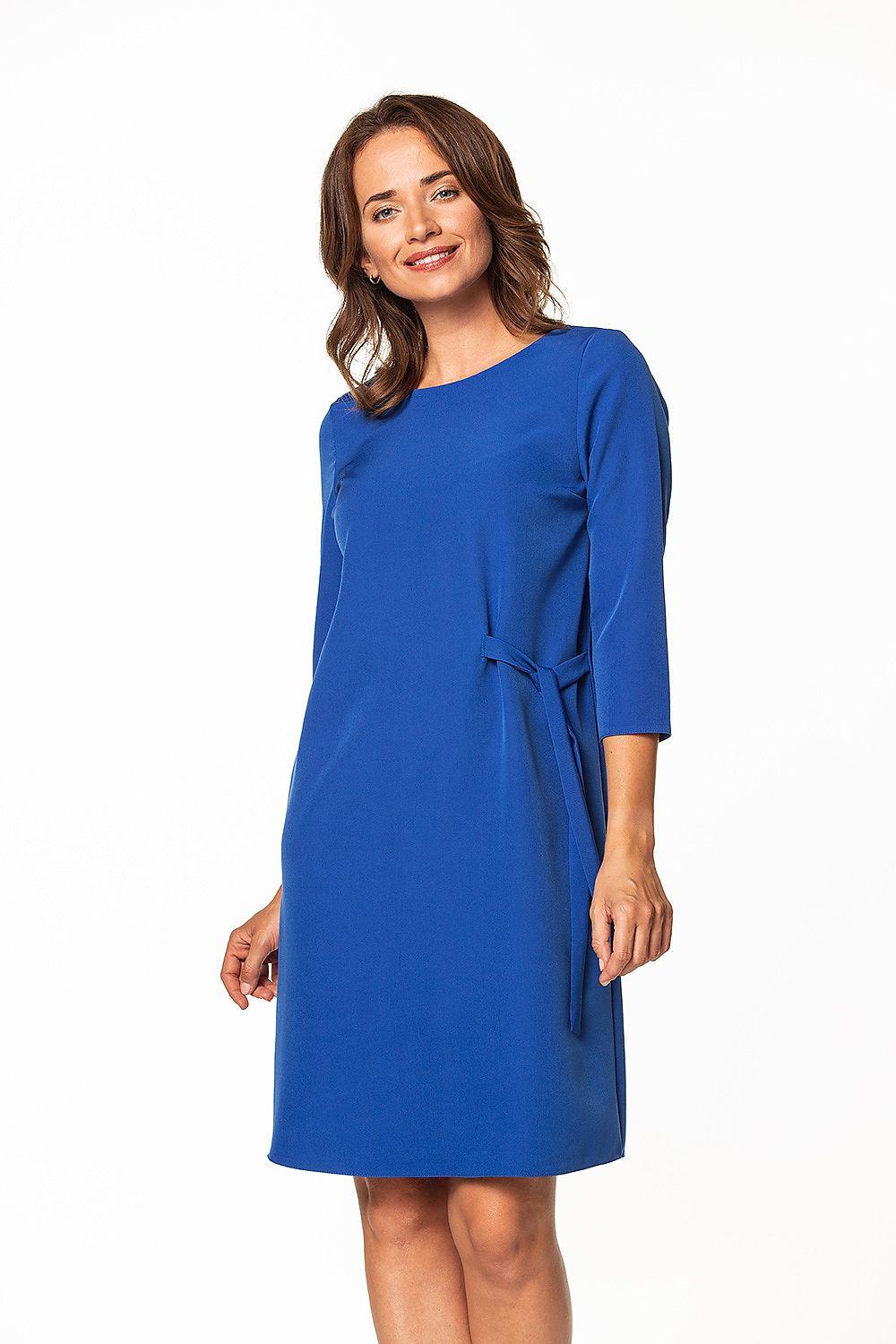 Blue daydress with 3/4 sleeves and waist tie, knee-length A-line silhouette.