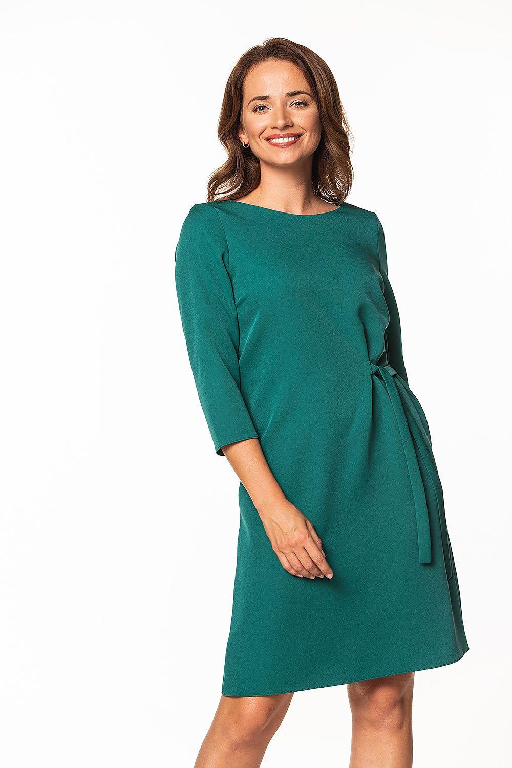 Teal daydress with crew neck, 3/4 sleeves, and tie-waist detail