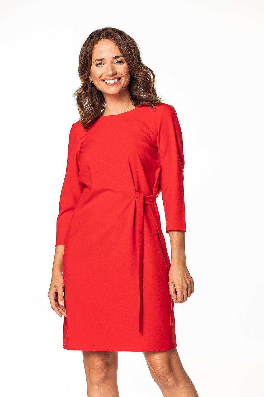 Red daydress with 3/4 sleeves, round neck, tie belt at waist