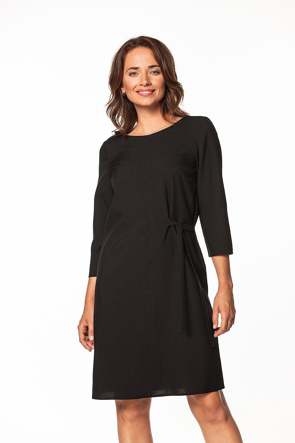 Women's black daydress with 3/4 sleeves and round neckline, tied waist detail