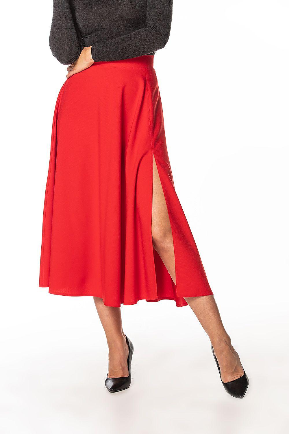 Red midi skirt with side slit and pleated A-line silhouette