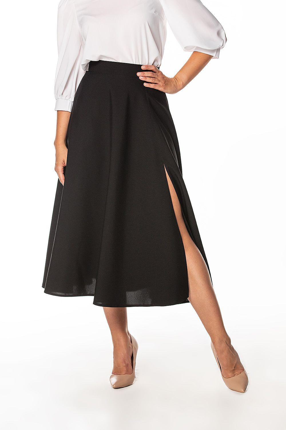 Black midi skirt with side slit and front zipper detail