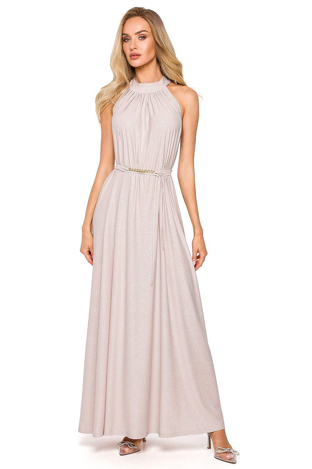 Beige halter neck evening maxi dress with pleated bodice and flowing skirt