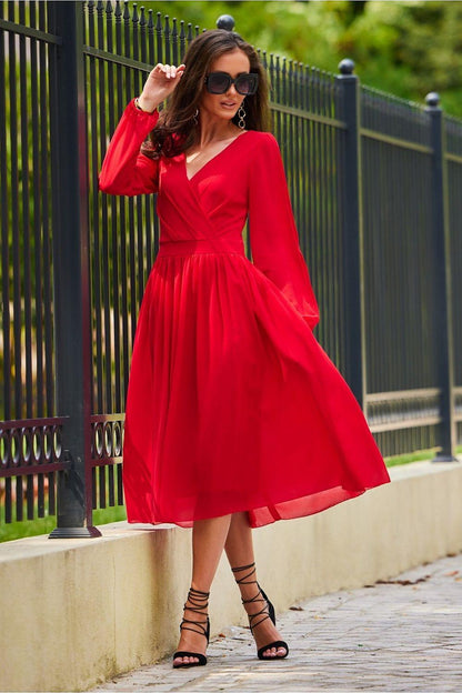 Red cocktail dress by Roco Fashion, V-neck, long sleeves, midi flare skirt