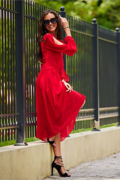 Red cocktail dress by Roco Fashion, V-neck with wrap detail, flared midi skirt