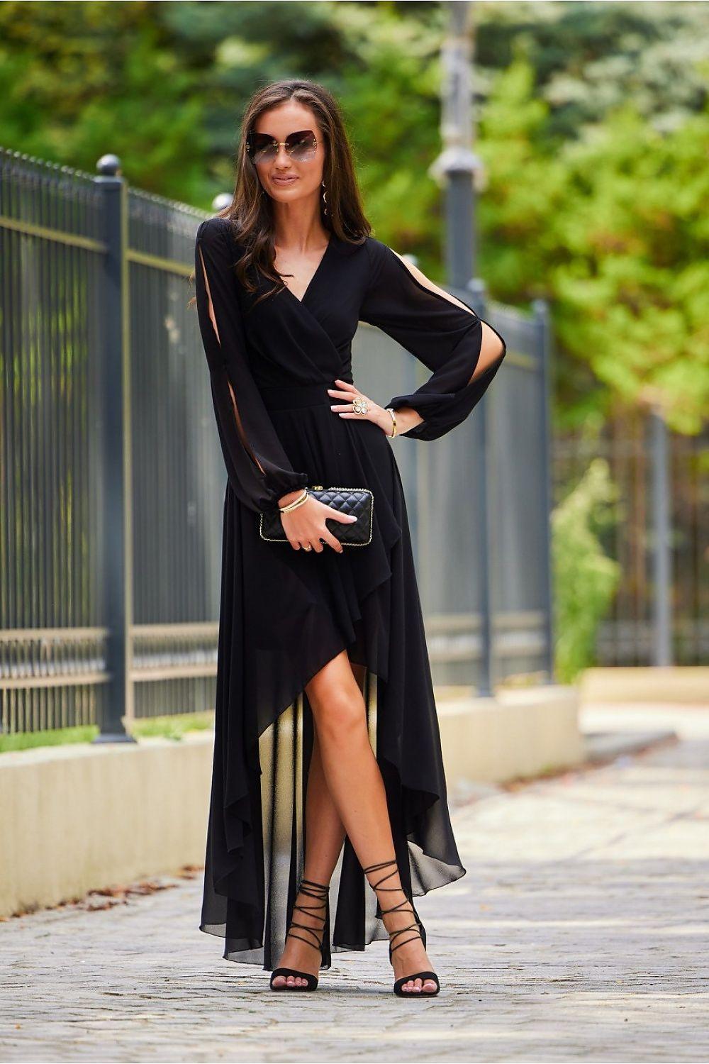 Black cocktail dress with V-neck wrap and long sleeves, high-slit chiffon hem