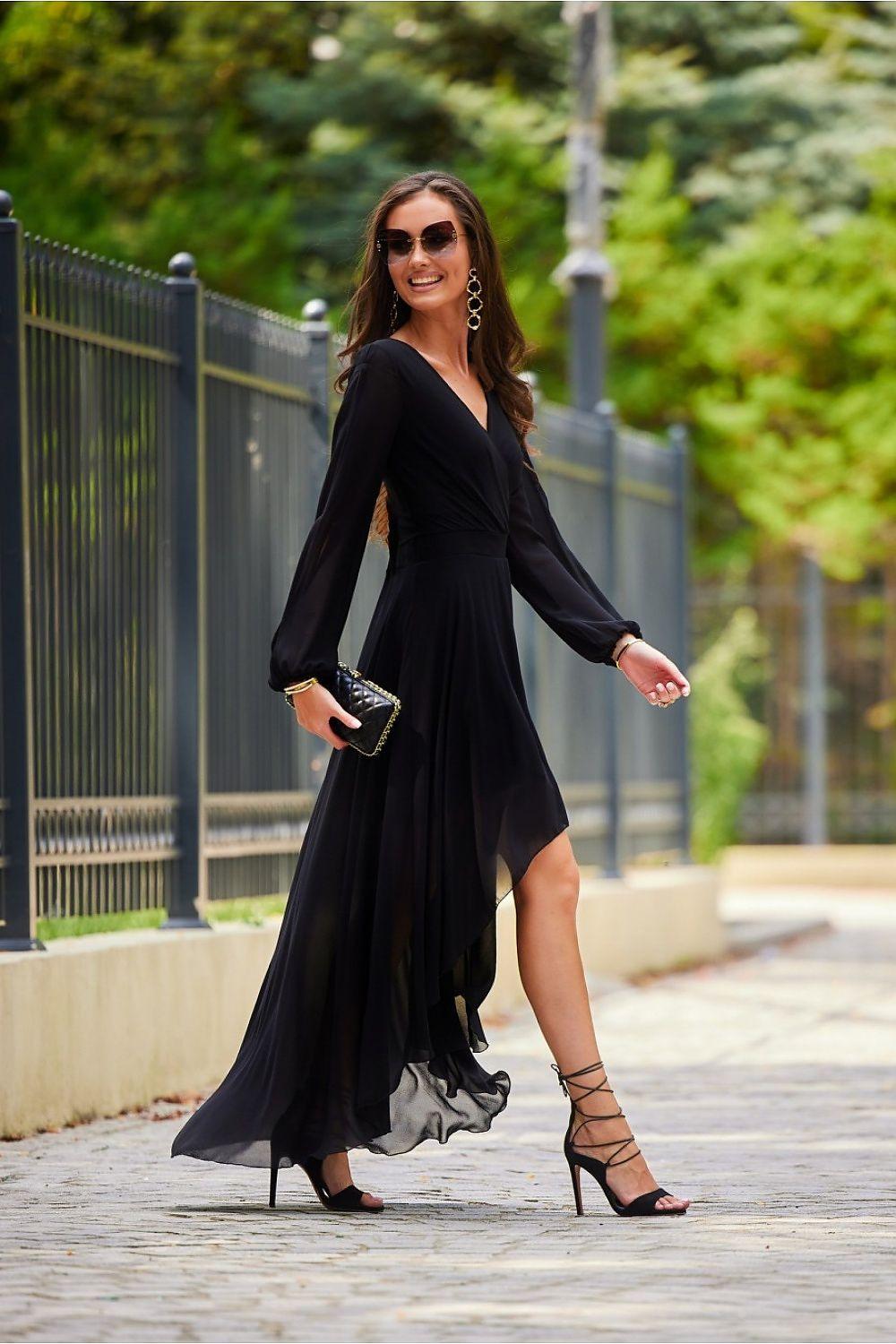 Black cocktail dress with long sleeves and draped V-neck, high-slit ruffle hem