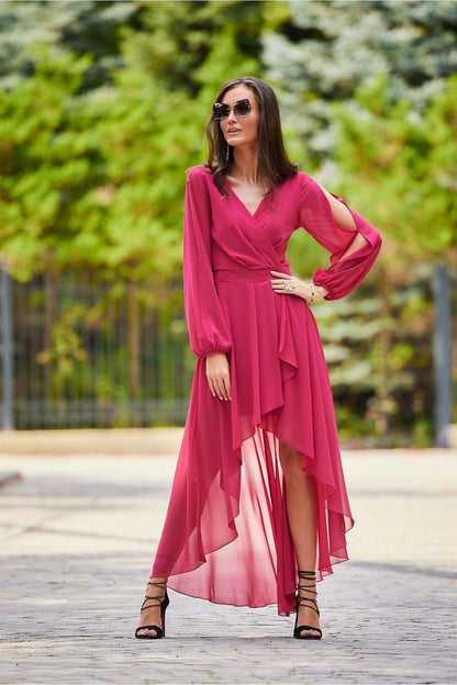 Pink cocktail dress with V-neck wrap and long sleeves, layered asymmetric hem