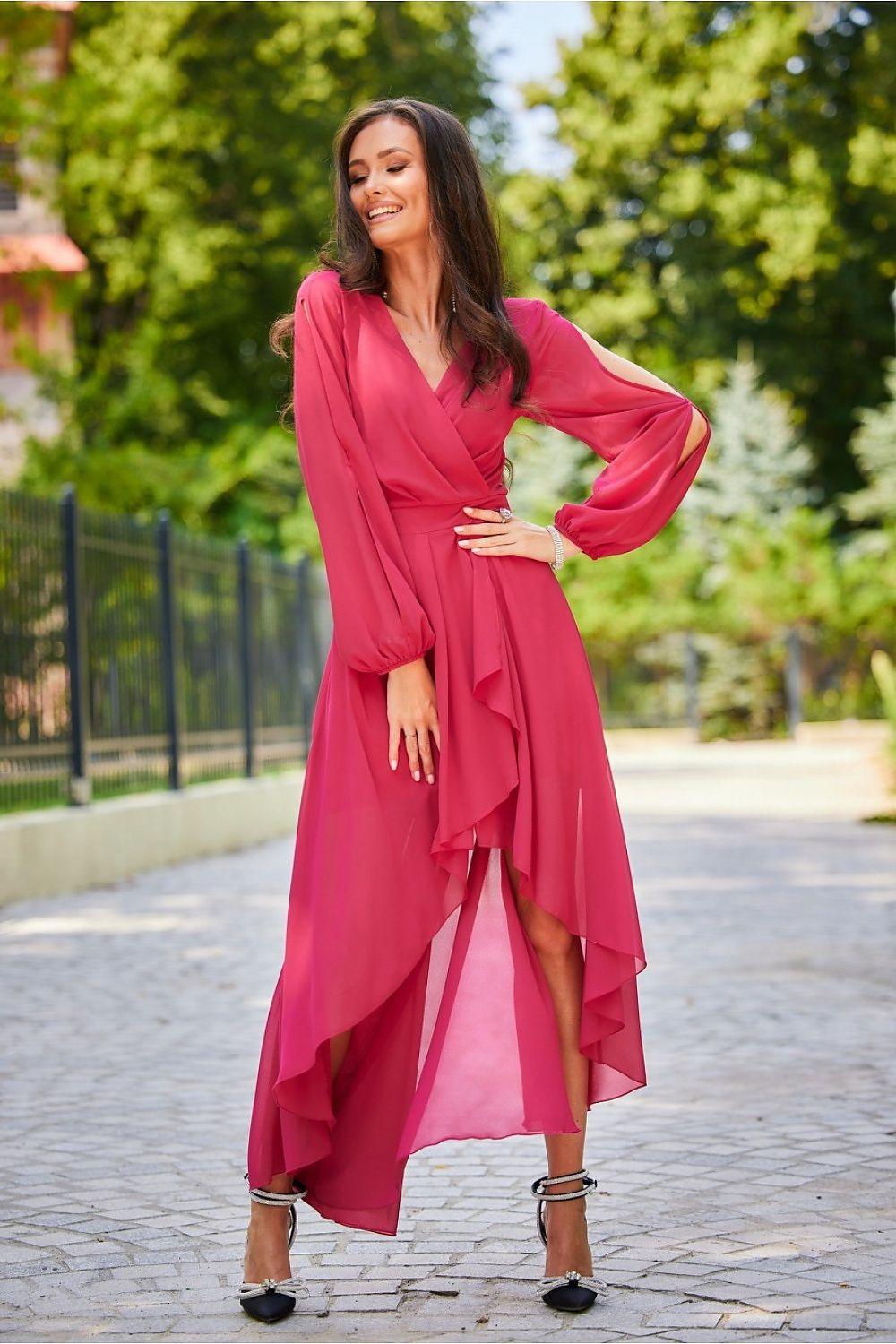 Pink cocktail dress with V-neck wrap, long sleeves, flowing high-low layered skirt