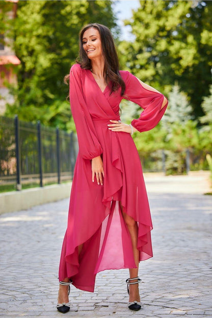 Pink cocktail dress with V-neck wrap, long sleeves, flowing high-low layered skirt