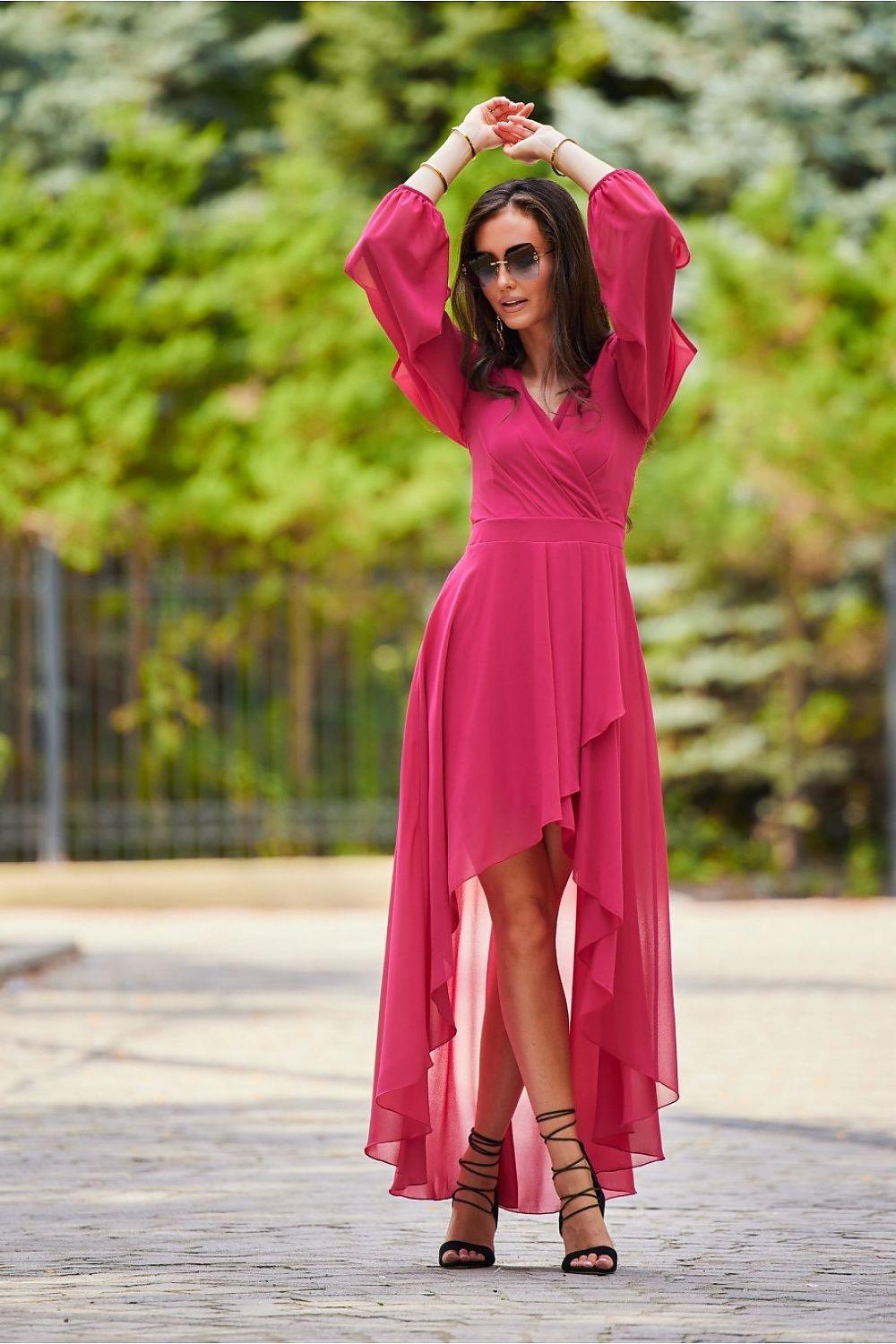 Pink cocktail dress with V-neck wrap, long sleeves, asymmetrical chiffon hem with slit