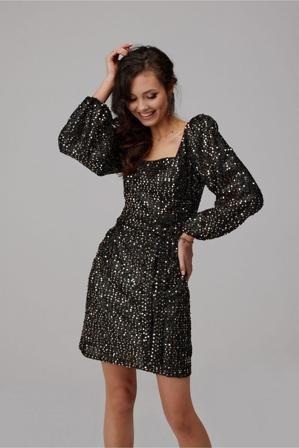 Black sequin mini dress with square neckline, long puff sleeves, cinched waist, flared skirt