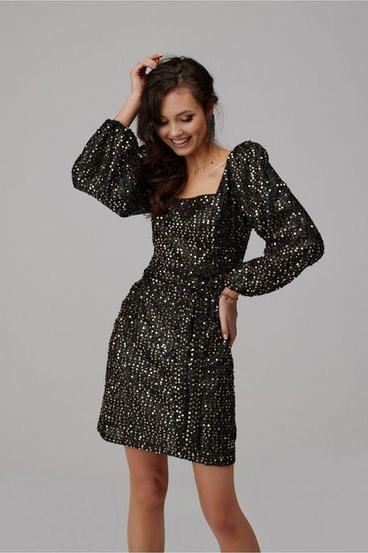 Black sequin mini dress with square neckline, long puff sleeves, cinched waist, flared skirt