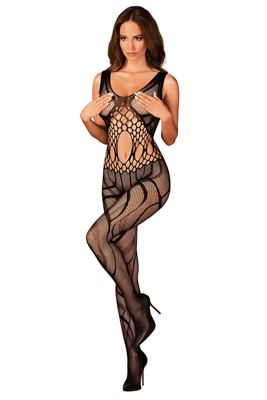 Black fishnet bodystocking with sleeveless V-neck and full-length mesh