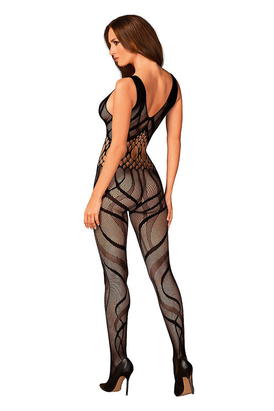 Black fishnet bodystocking with open back and full-length mesh panels