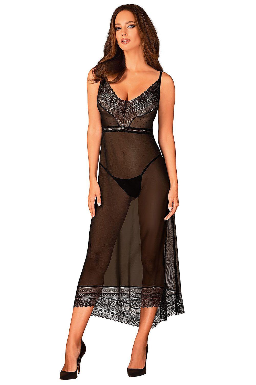 Sheer black nightgown with lace-trim hem and V-neck straps, asymmetrical drape