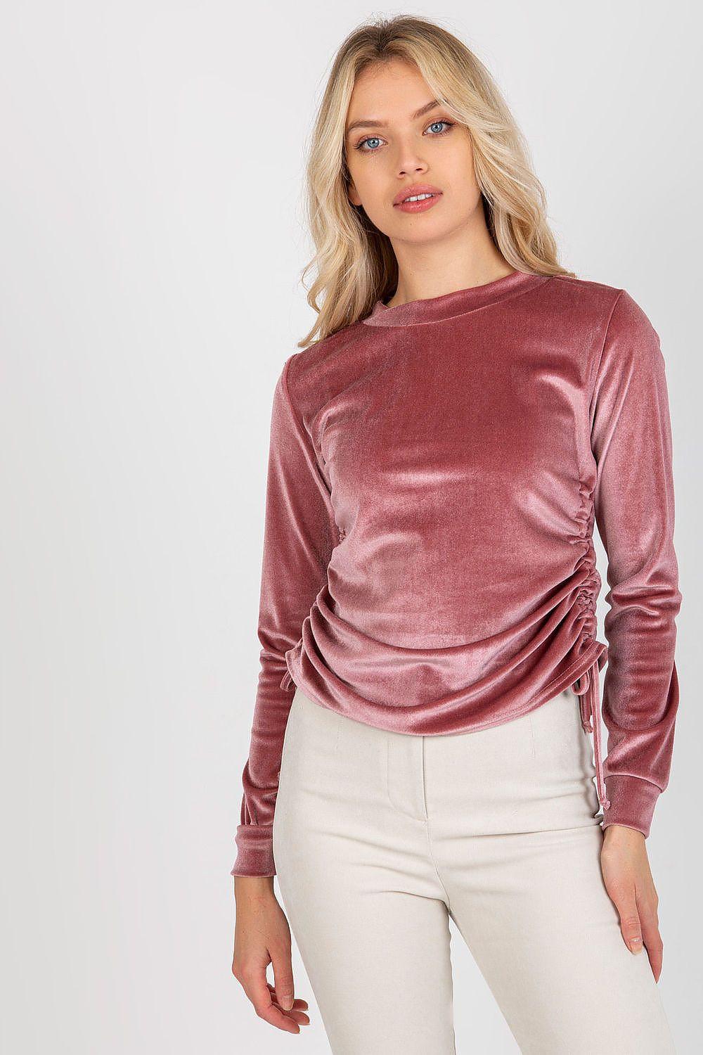 Lakerta velour blouse with long sleeves, crew neck, ruched front and side drawstrings