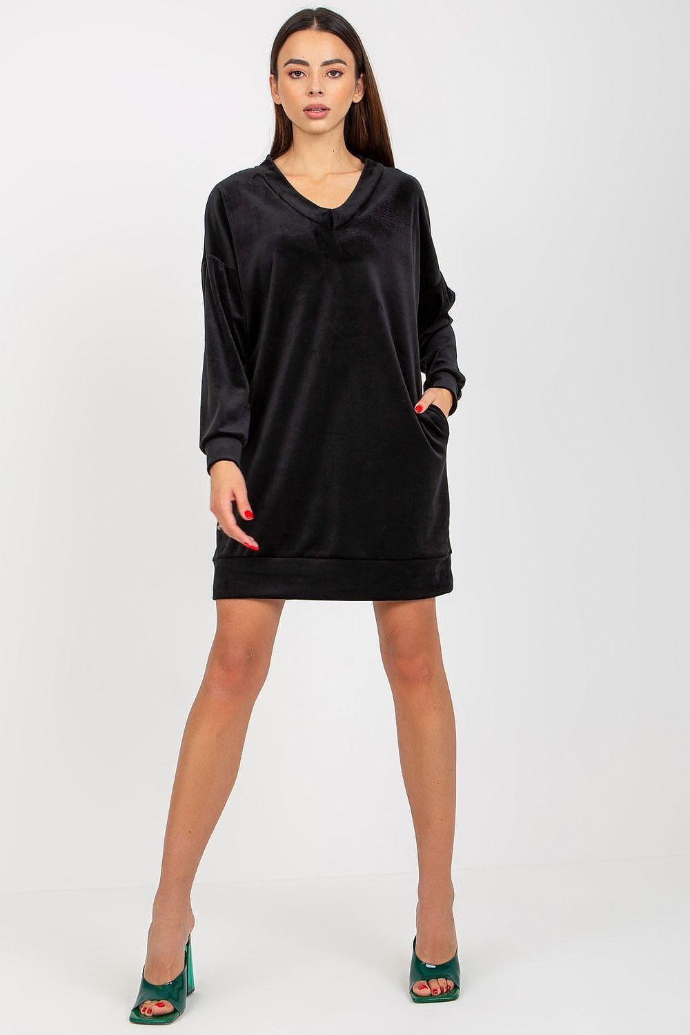 Black long-sleeve daydress with V-neck and relaxed straight hem.