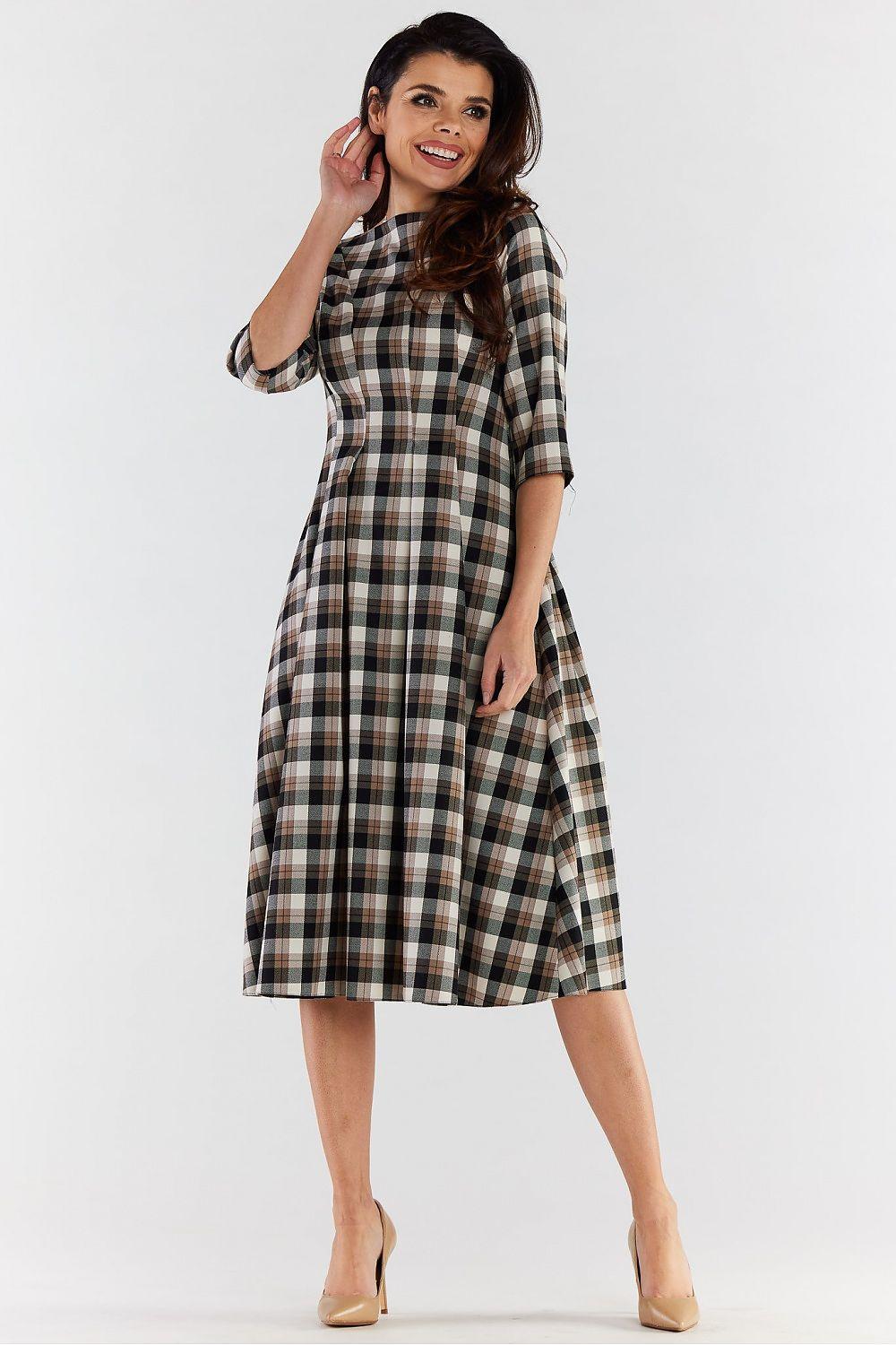 Awama brown plaid daydress with 3/4 sleeves and midi length, round neckline