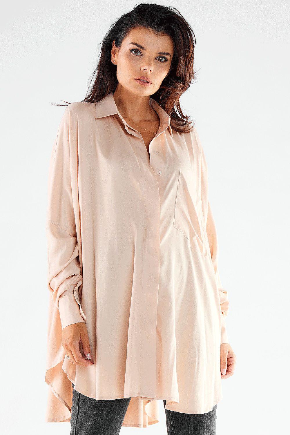 Beige long-sleeve shirt by awama, button-front with pointed collar and loose fit.