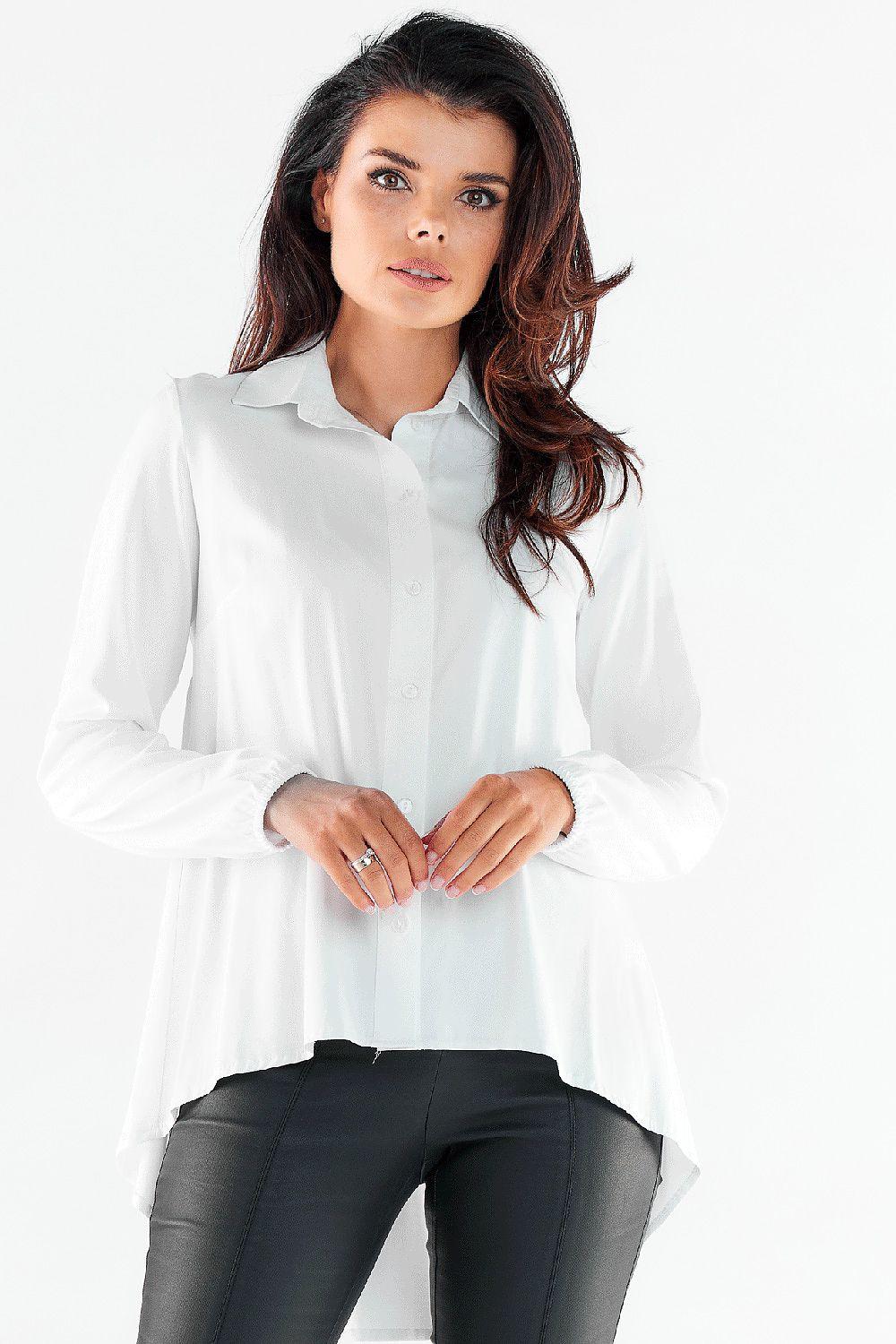 White long sleeve shirt with button front and pointed collar, curved high-low hem.