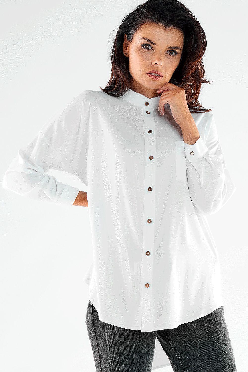 White long sleeve shirt with button front and mandarin collar