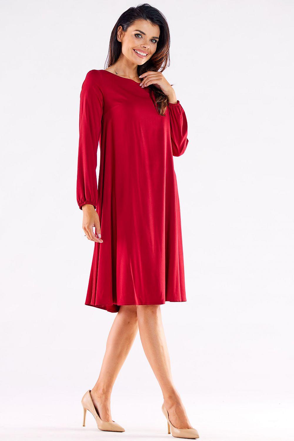 Awama daydress, red midi A-line with round neck and 3/4 balloon sleeves