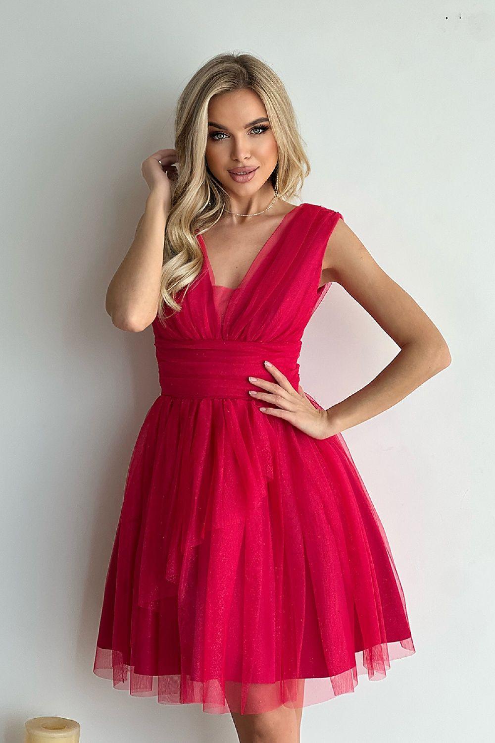 Red tulle mesh evening dress with V-neck bodice and sleeveless flared skirt