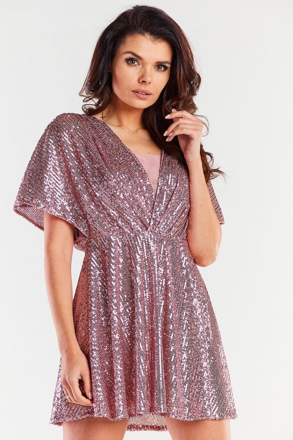 Sequin mini evening dress, pink glitter, V-neck, short flared sleeves, skater fit