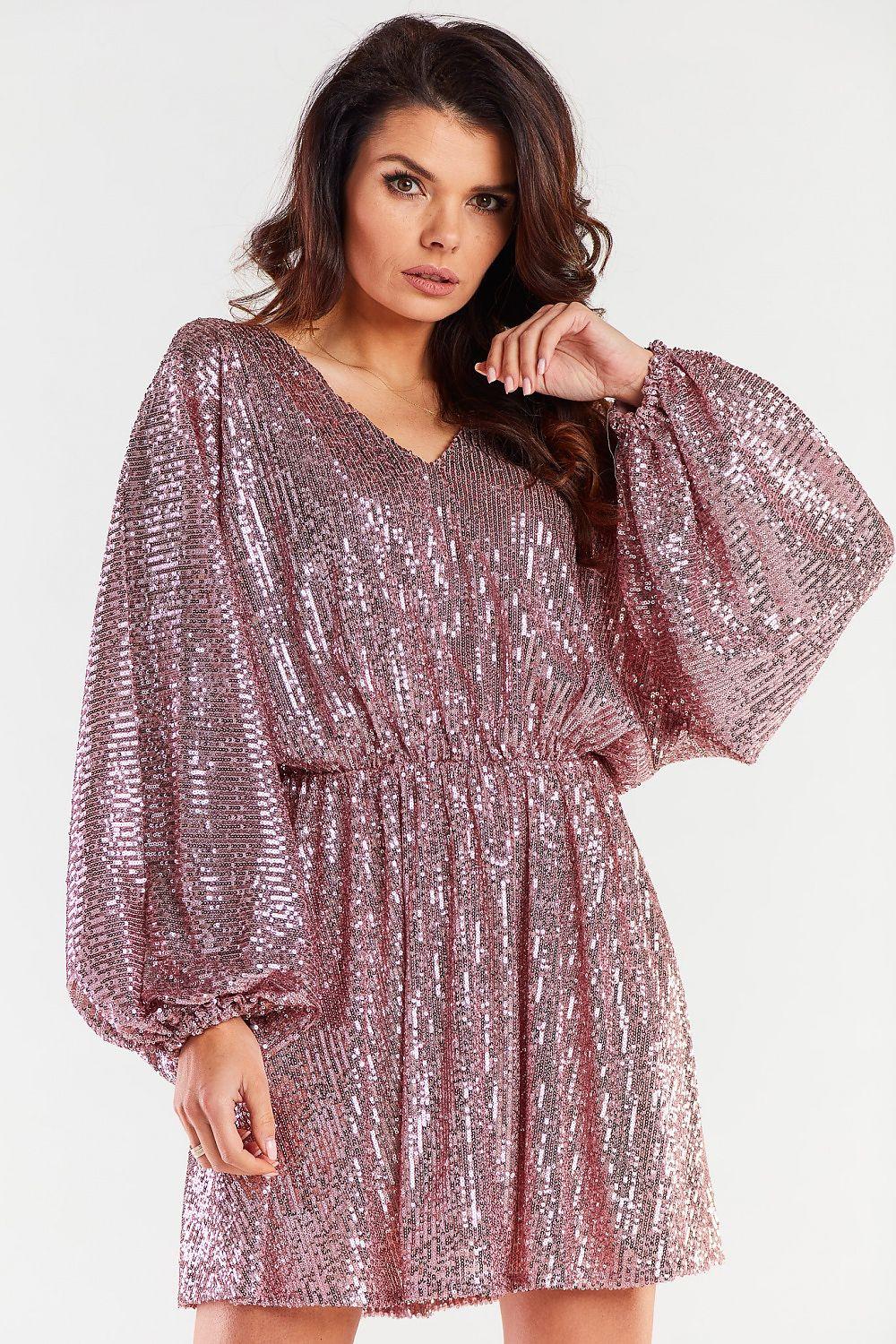 Pink sequin mini evening dress with V-neck, long puff sleeves, elastic waist