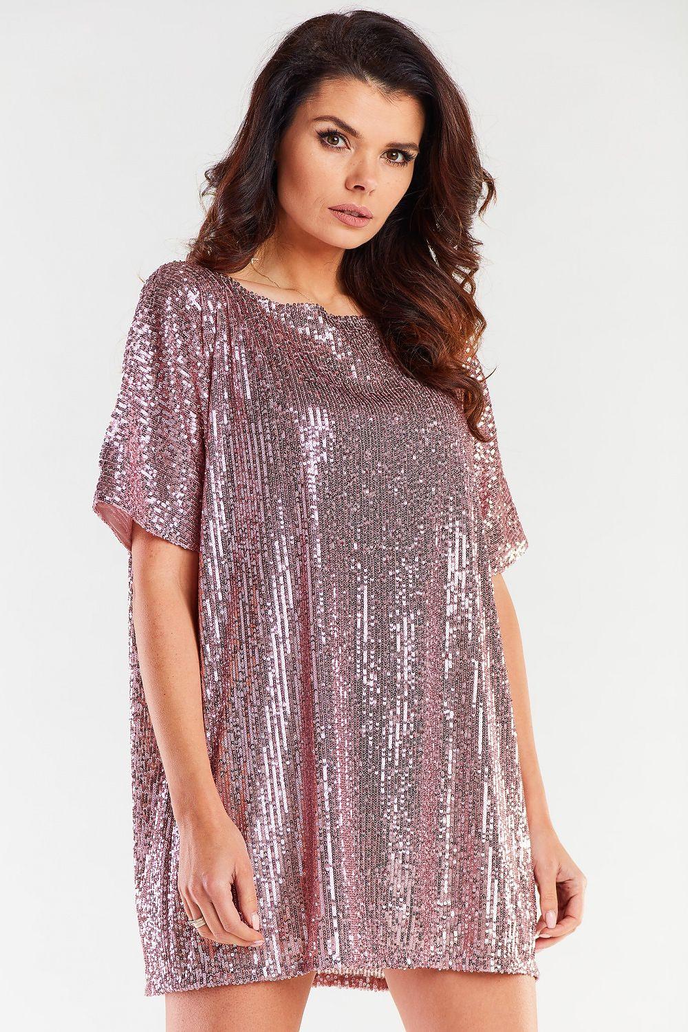 Pink sequin evening dress with short sleeves and rounded neckline, loose shift fit