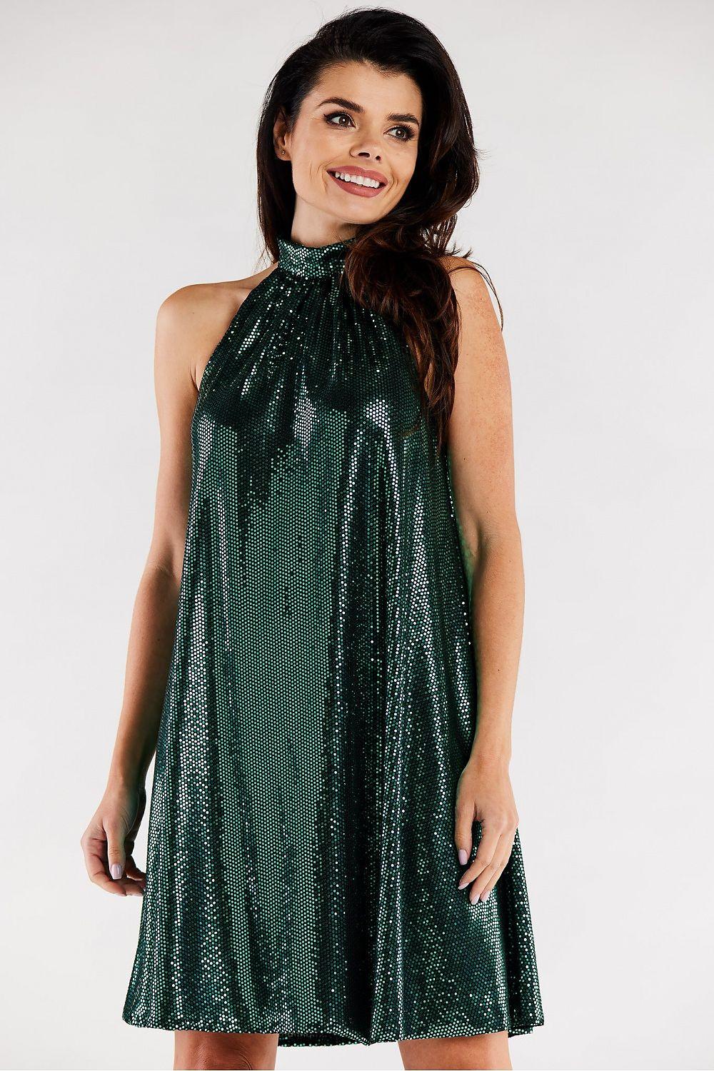 Green sequin evening dress with sleeveless high neck and flared A-line skirt