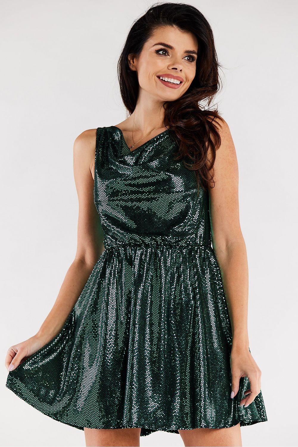 Green sequin evening dress with ruffled neckline, sleeveless skater silhouette