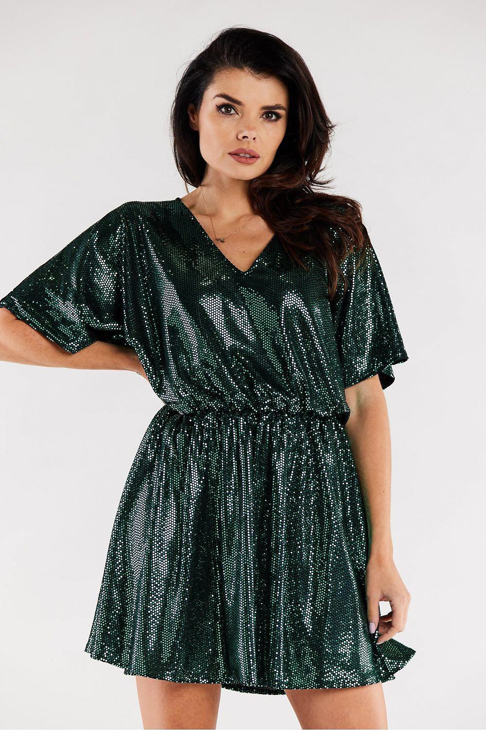 Green sequin flare mini dress, V-neck, short sleeves, gathered waist