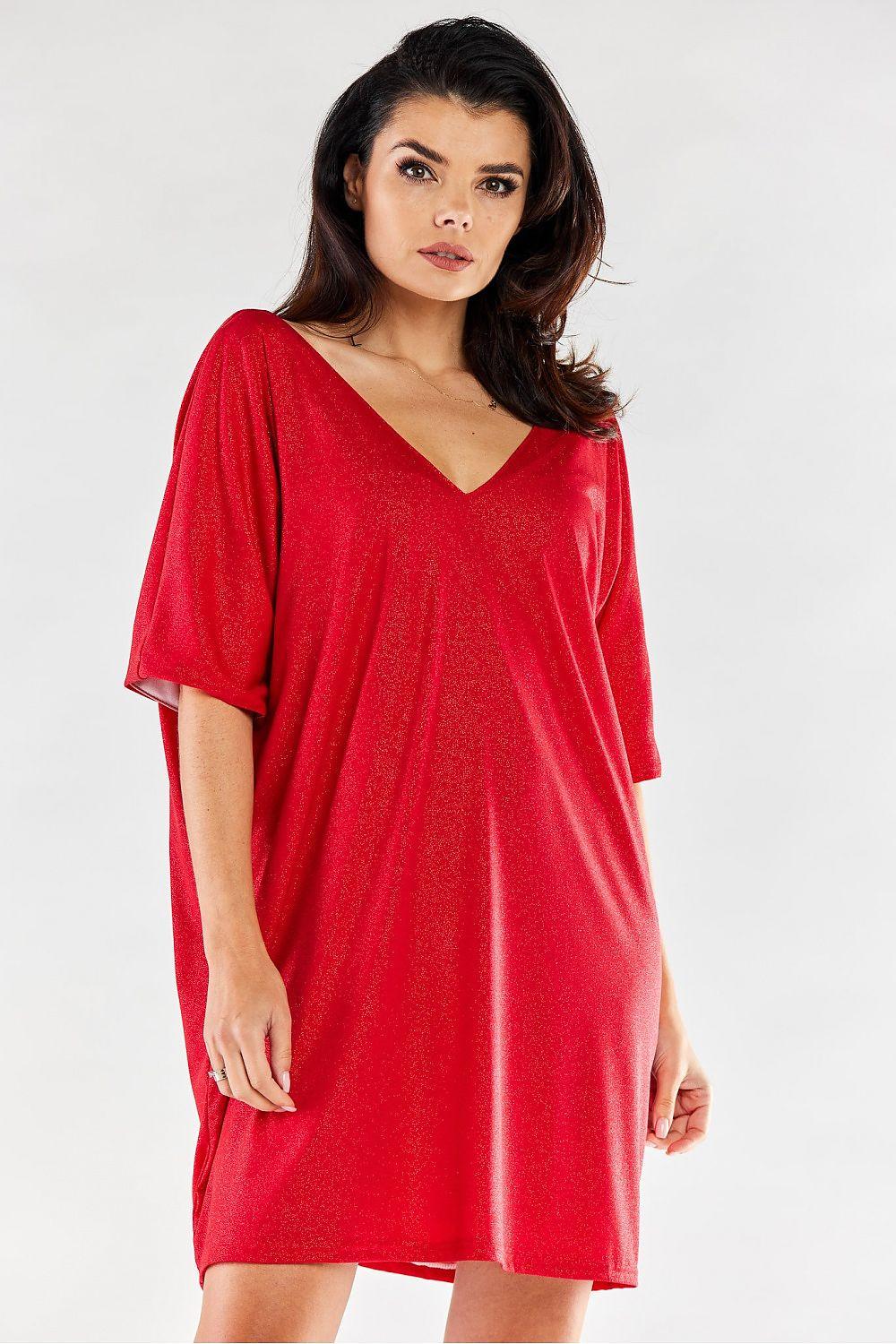 Red V-neck evening dress with loose fit, short sleeves, and above-knee length.