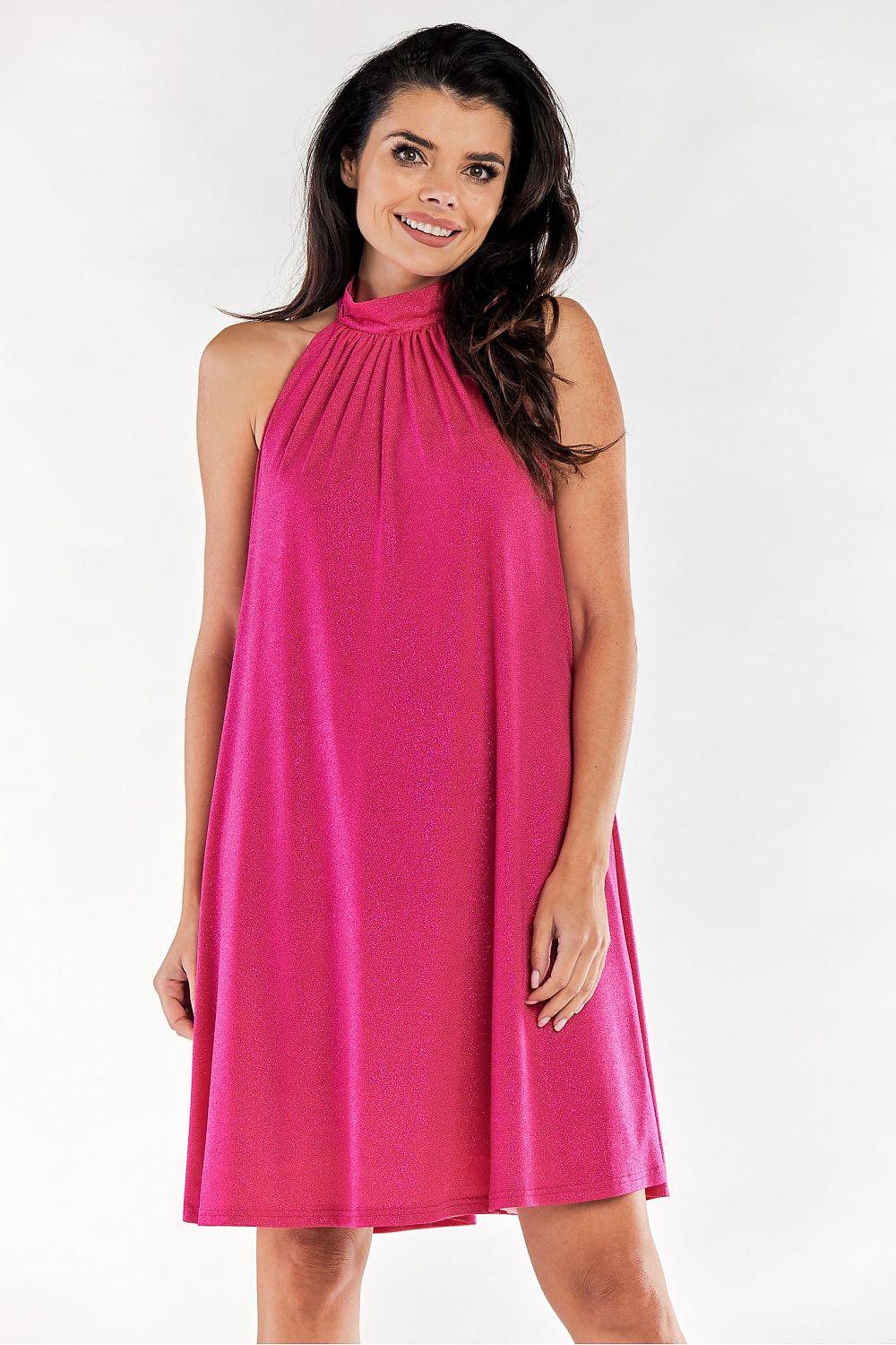Pink halter evening dress with gathered high neckline and flared skirt.