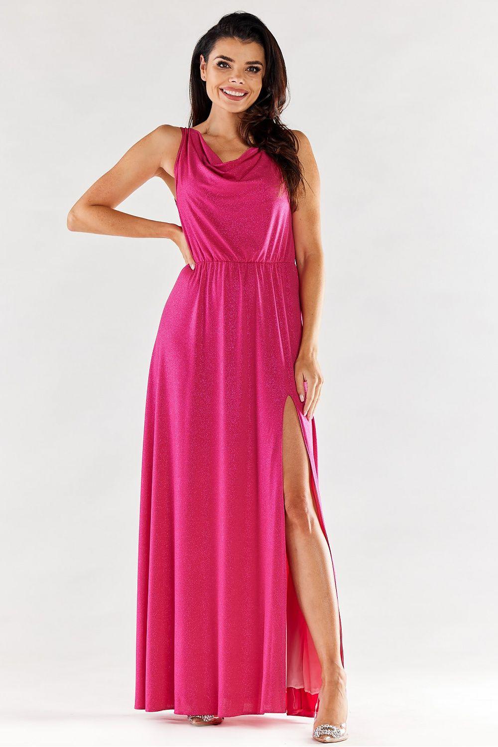 Pink sleeveless maxi dress with gathered waist and side slit