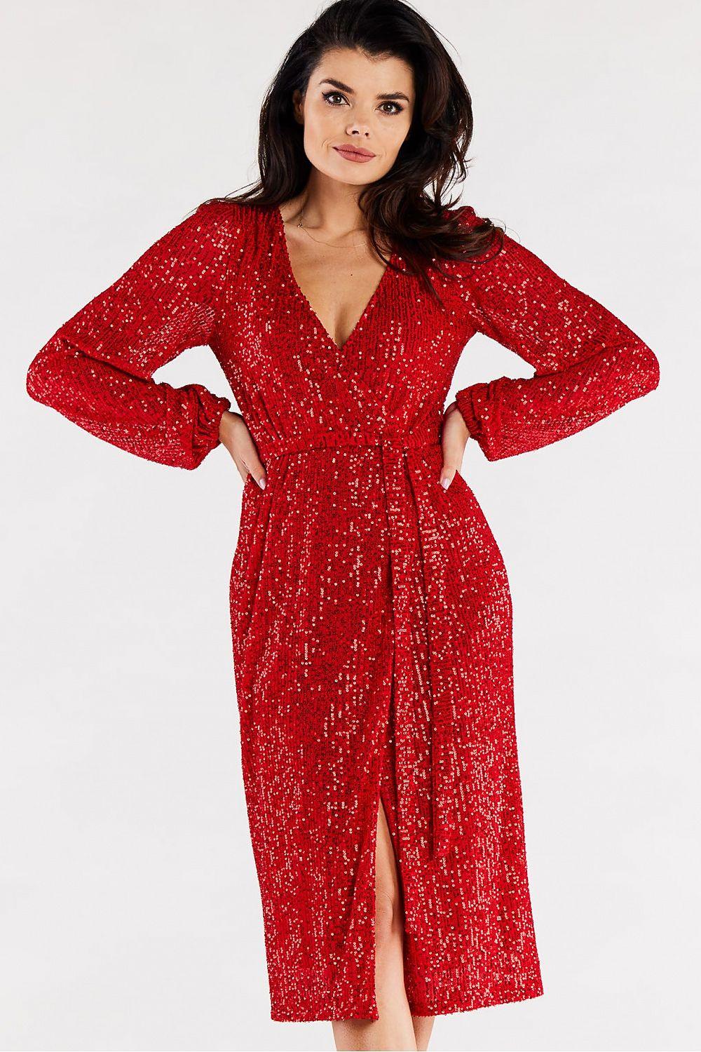 Red sequin V-neck evening dress with long sleeves and waist side tie detail