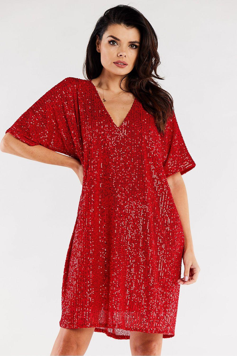 Red sequin evening dress with V-neck, short sleeves, loose shift silhouette