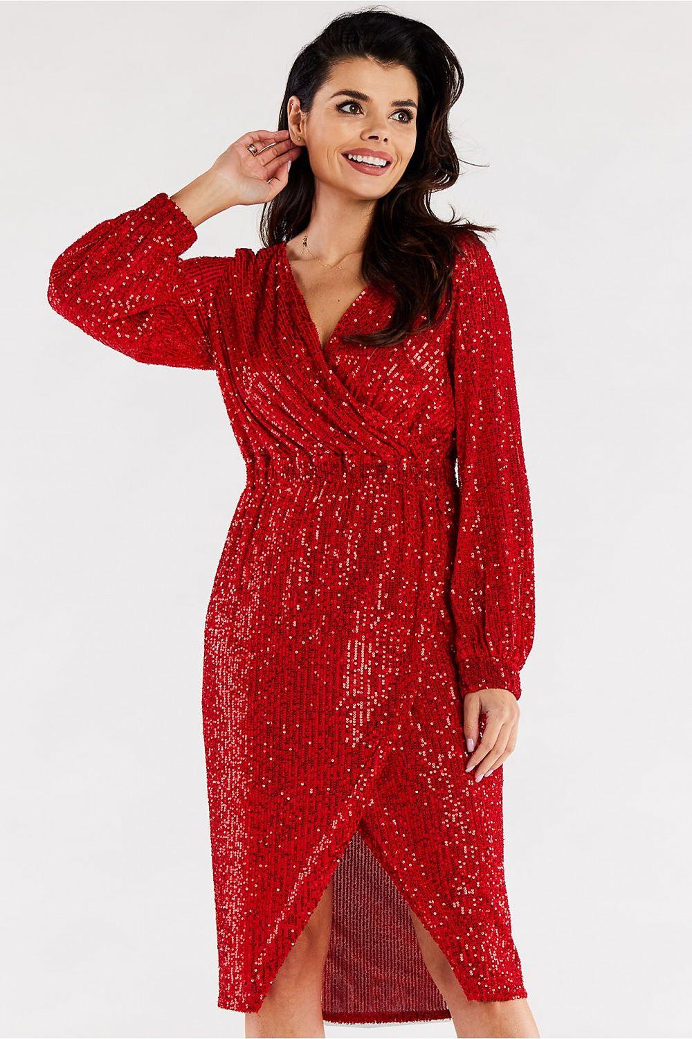 Red sequin wrap evening dress with V-neck, long sleeves and front slit