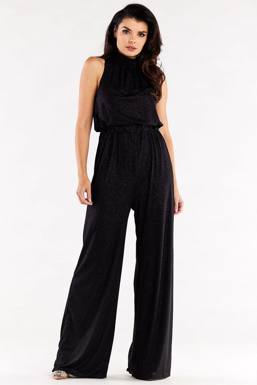 Black sleeveless wide-leg jumpsuit with high neckline and tied waist detail