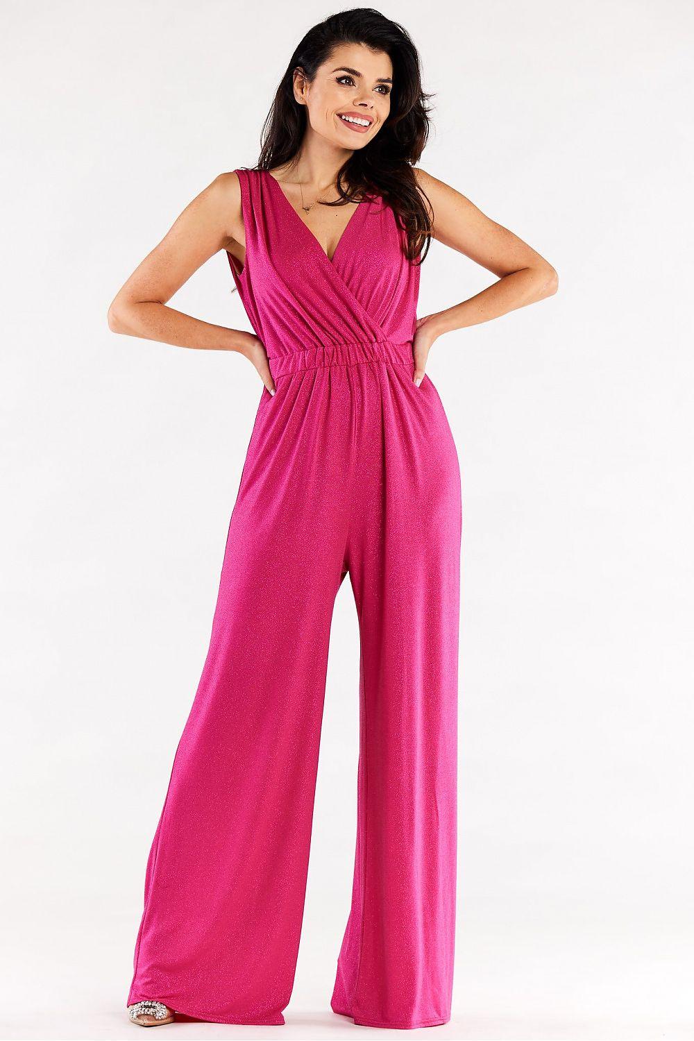 Pink sleeveless wide-leg jumpsuit with V-neck wrap front and gathered waist