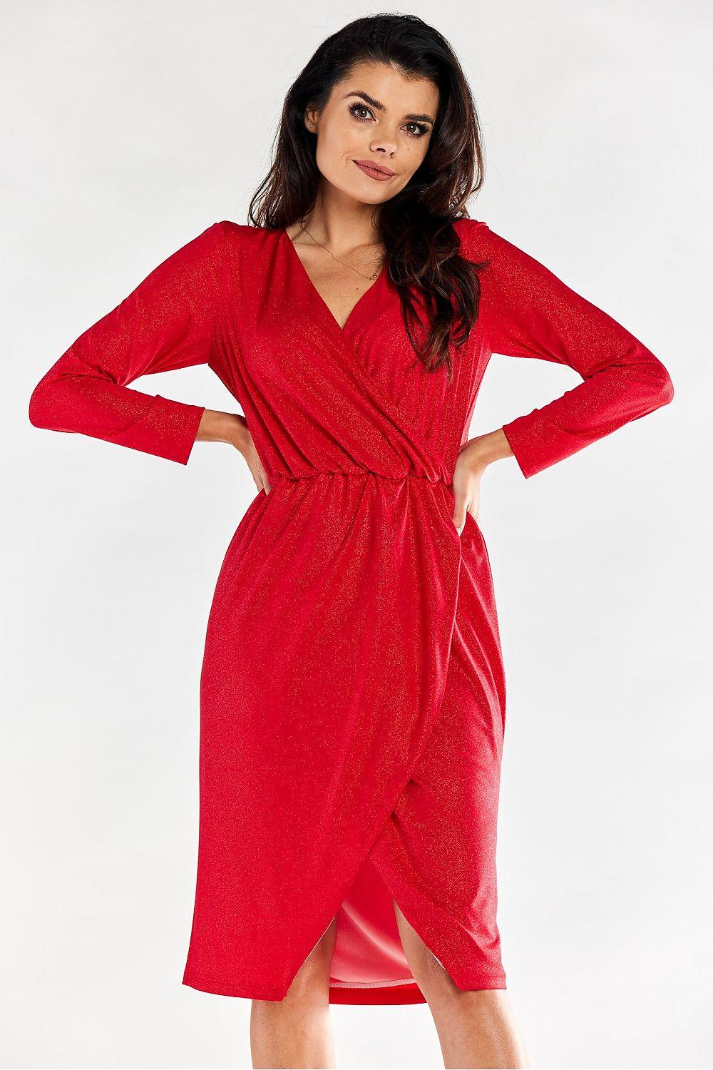 Red evening dress with V-neck and wrap-style front, long sleeves, ruched elastic waist