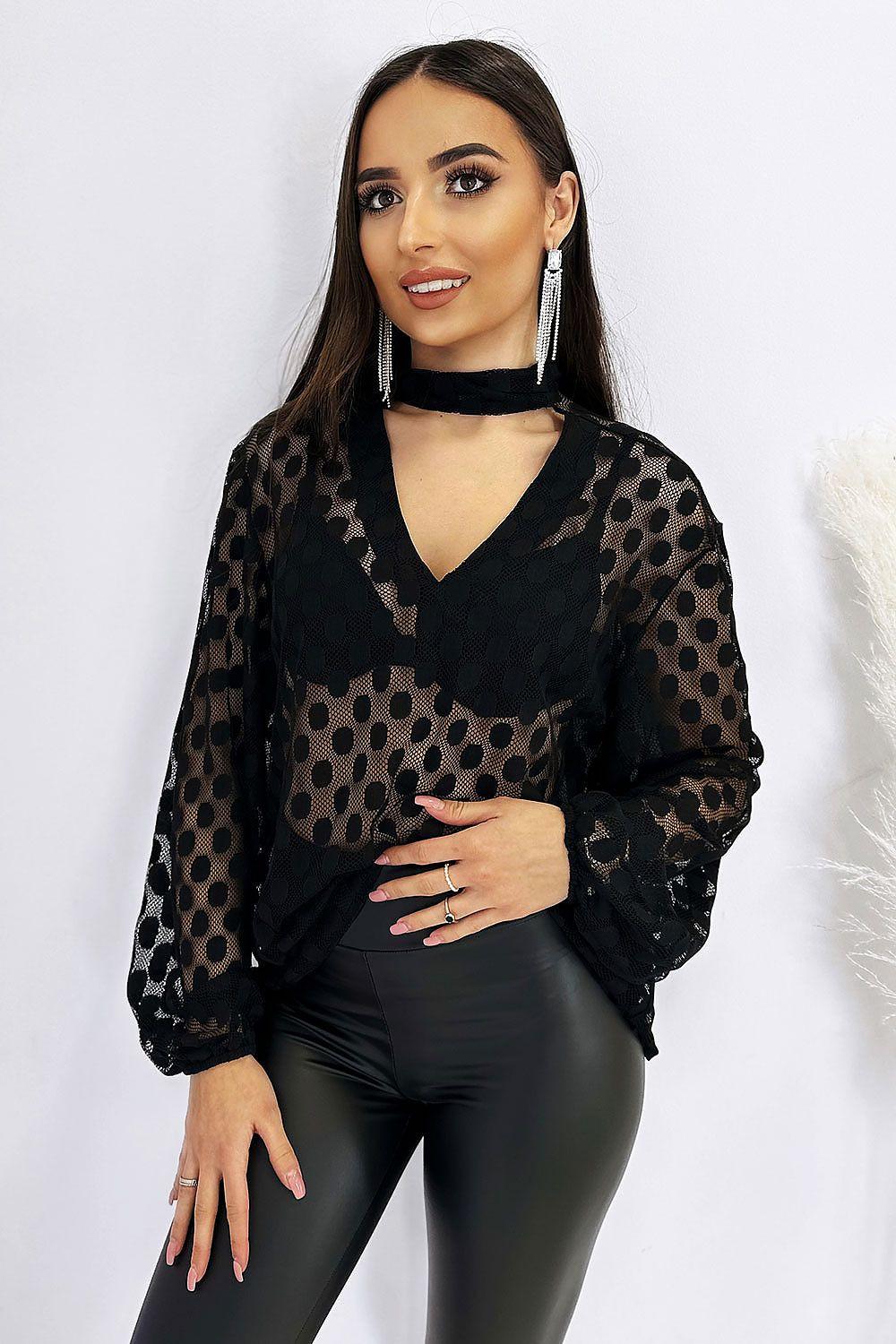 Black sheer polka dot chiffon blouse, V-neck, long puff sleeves, front tie detail