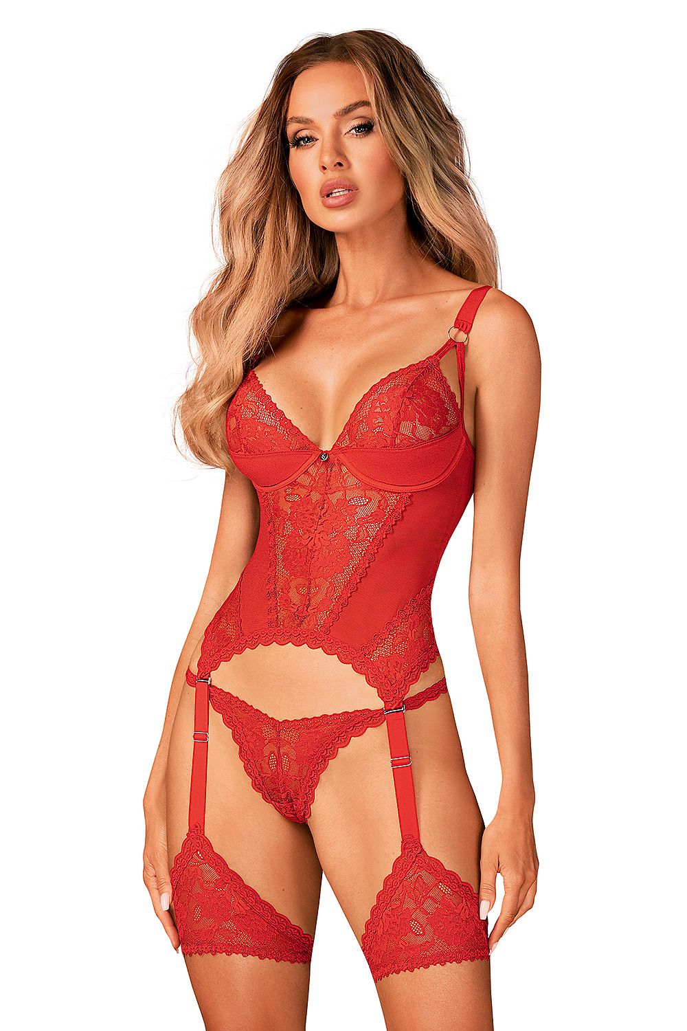 Red lace lingerie set with underwire cups, garter straps and thong back
