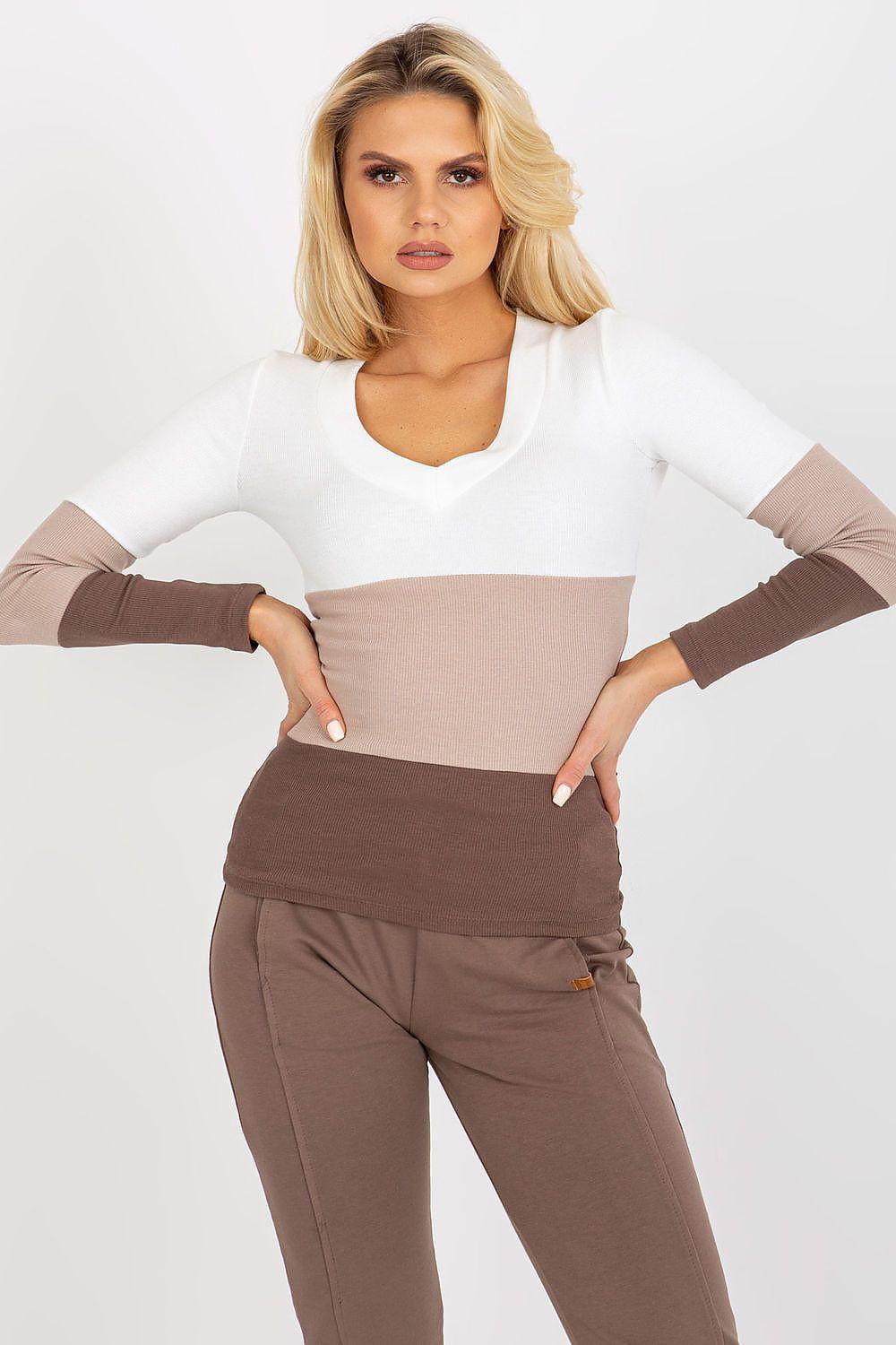 Color-block ribbed V-neck cotton blouse with long sleeves, brown and cream panels